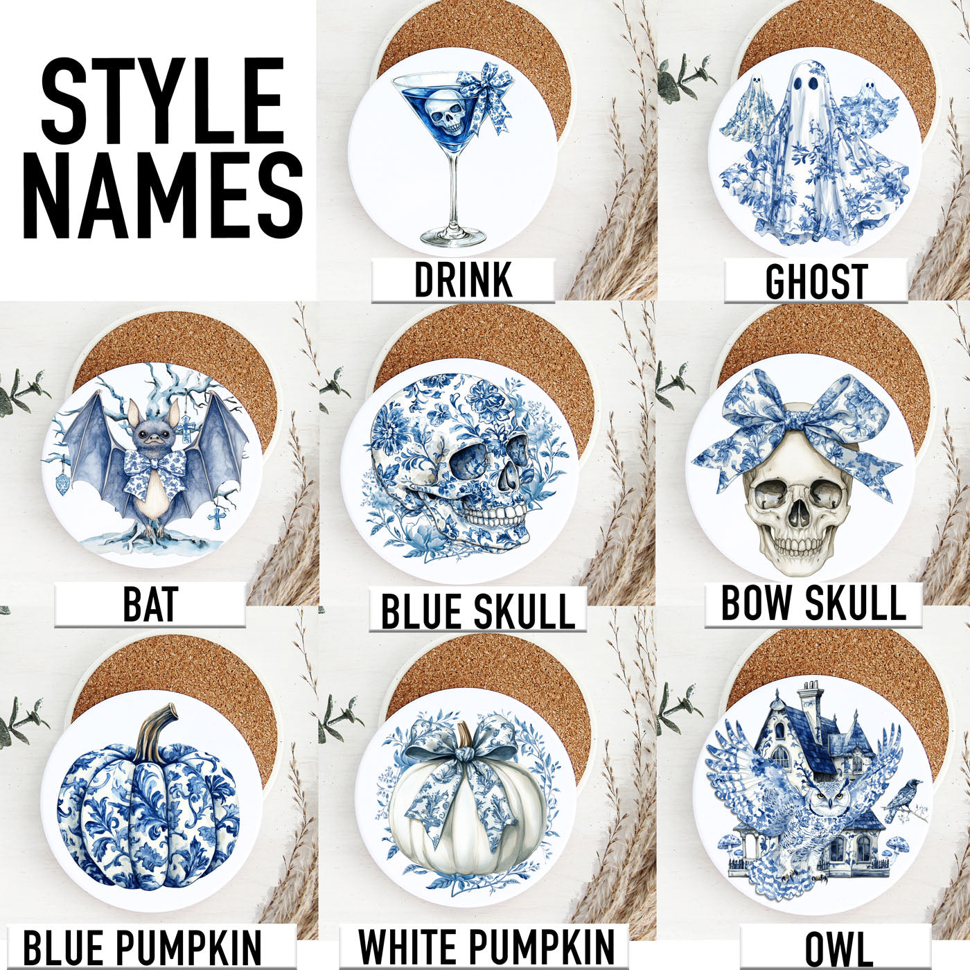 Floral skull coaster in blue and white chinoiserie pattern with cork backing
Bow skull Halloween coaster with delicate blue floral details